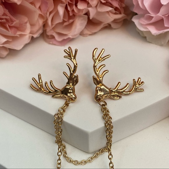 Retro Double Chain Deer Head Collar Lapel Pin - Picture 7 of 16